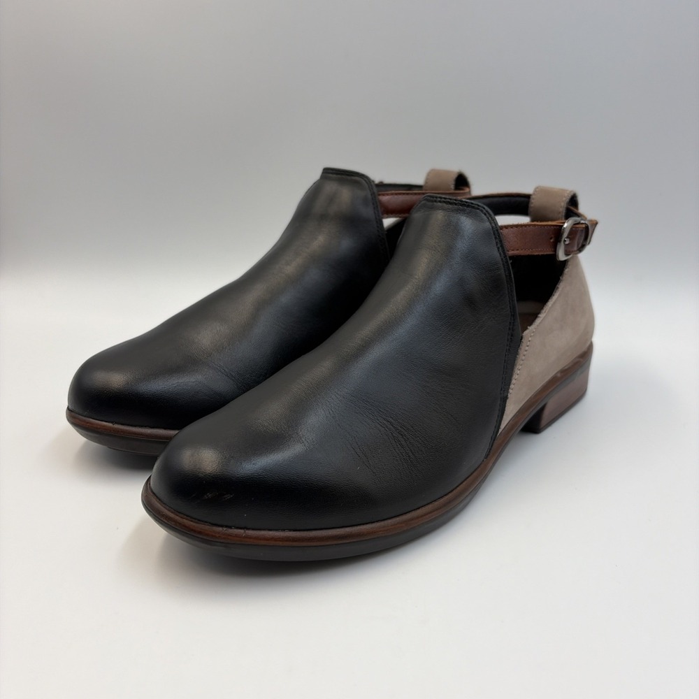 Naot Kamsin Leather Ankle Strap Booties Women's EU38 US7 Black Raven/Stone Brown
